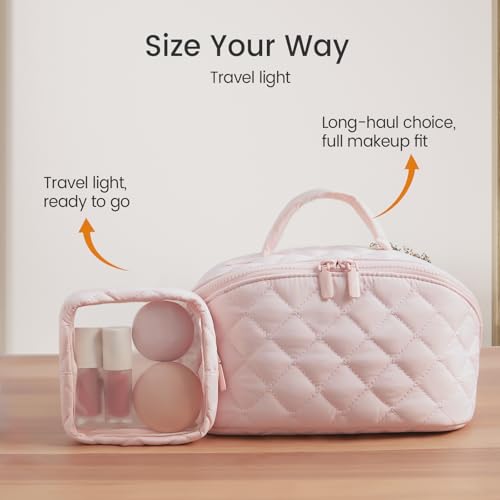 Makeup Bag,Wideopen Toiletry Bag for Women, 180° Lay-Flat Water-Resistant Large Cosmetic Case, Puffy Padded Travel Organizer for Toiletries & Brushes Large Capacity with Compartments - color: Pink