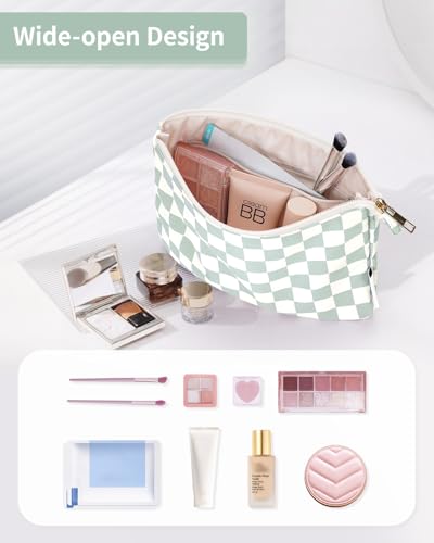 Narwey Small Makeup bag for Purse, Small Makeup Pouch for Purse Cosmetic Bag with Zipper, Cute Make up Pouch for Women Girls (Mint Green Checkerboard) - color: AB-Mint Green Checkerboard