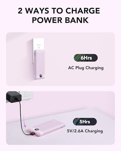 VRURC Portable Charger Built-in Cables and AC Wall Plug,USB C Power Bank 10000mAh, Travel Essentials Phone Charger Compact Lightweight External Battery Pack for Smart Phones, Tablets etc (Purple) - color: Purple