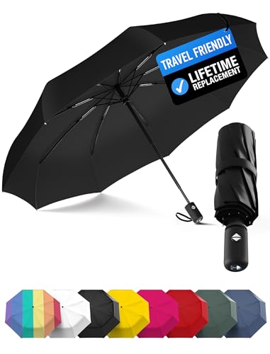 Rain-Mate Windproof Compact Umbrellas for Rain - Strong Reinforced Fiberglass Rib Design & Auto Open & Close - Portable Folding Travel Umbrella - Lightweight & Packable for Women & Men, Easy Collapse - color: A.Black