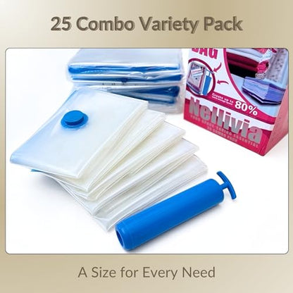 25 Pack Vacuum Storage Bags with Pump, Compression Space Saver for Comforter, Bedding, Blanket Storage, Vacuum Seal Bags for Clothing, Travel Luggage Suitcase and Closet Organizer - size: 25 Combo