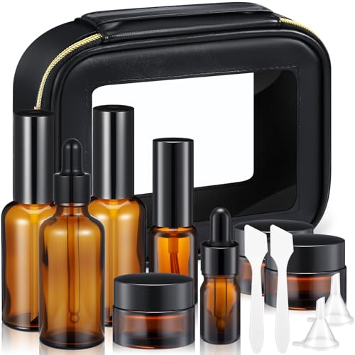Jingmore 13 Pcs Glass Skincare Travel Containers Mini Makeup Containers Travel Size Toiletries Bottles with Pump Spray and PU Leather Toiletry Bag for Liquid Serum Cream Moisturizers Oils(Brown) - color: Brown