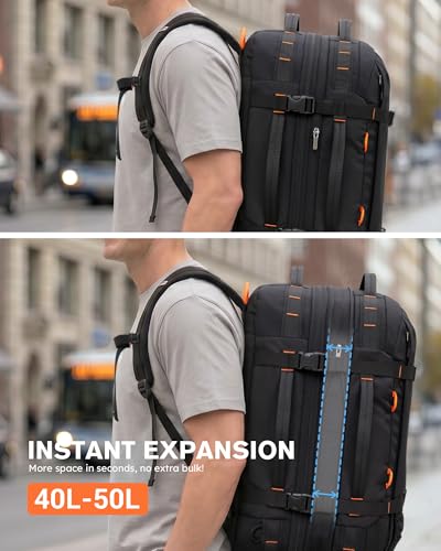Tolaccea Travel Backpack for Men Women, 40L-50L Carry On Backpack with Wet Dry Compartment, TSA Approved Laptop Daypack Fits 15.6", Convertible Expandable Large Rucksack Duffel Bag for Work Travel - color: Black