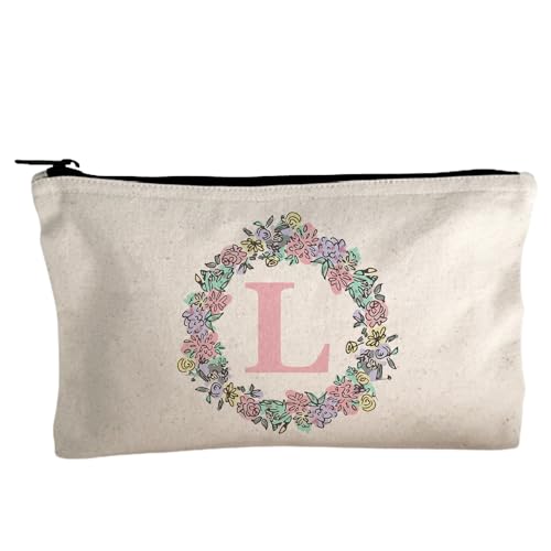 Moonlight Makers, Custom Initial Flower Wreath, Funny Canvas Makeup Bag, Pencil Pouch, Cute Travel Accessories for Women, 100% Cotton Cosmetic & Toiletry Bags - style: Custom Flower Laurel