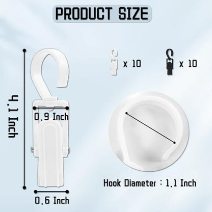 20 Pcs Strong Clips Plastic Swivel Laundry Hooks Clips, Super Strong Hanger Clips, Plastic Clothes Pins Hanger Hook for Wardrobe Boot Hat Curtain Socks Sheets Beach Towel (Black,White)