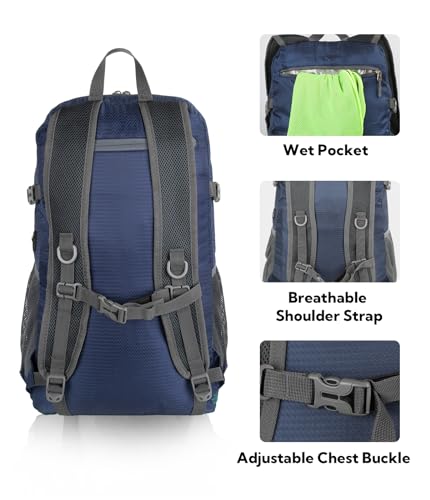 WATERFLY Lightweight Packable Hiking Backpack: 30L Foldable Travel Daypack Ultralight Camping Day Pack for Woman Man - color: Green & Yellow