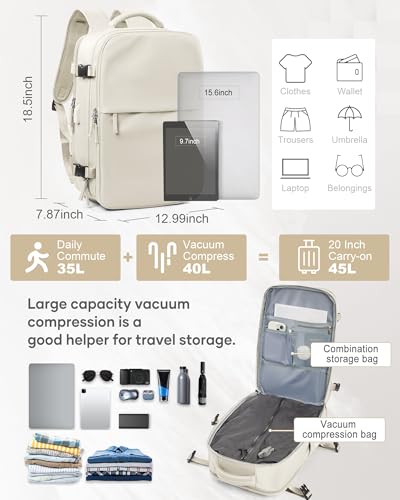 suwasp Vacuum Compression Backpack, 45L Expandable Travel Backpack with Electric Vacpack Pump, Travel Vacuum Bags with Shoe Compartment/17inch Laptop Compartment/USB Port, Beige, Large - color: Beige, size: Large
