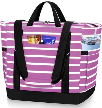 HUANLANG Soft Cooler Bag Insulated for Travel,Large Insulated Grocery Bags with Zippered Top,PEVA Collapsible Food Delivery Cooler Bag for Beach, Travel, Picnics - color: Purple and white stripes