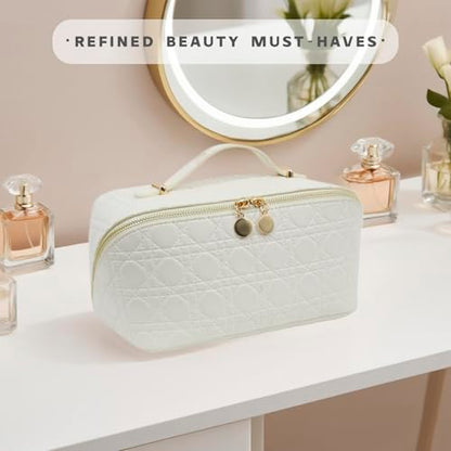 Travel Makeup Bag – Large Cosmetic Organizer with Waterproof PU Leather, Smooth Double Zipper & Tear-Resistant Lining, Toiletry Pouch for Women (White) - color: 04-White