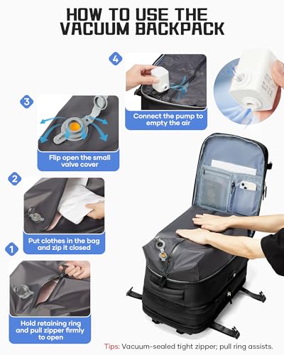 wepadre Vacuum Backpack Travel with Pump Travel Backpack with Vacuum System Expandable Vacpack Compression Backpacks for Travel Easy Vac Pack Carry on Luggage - color: Black