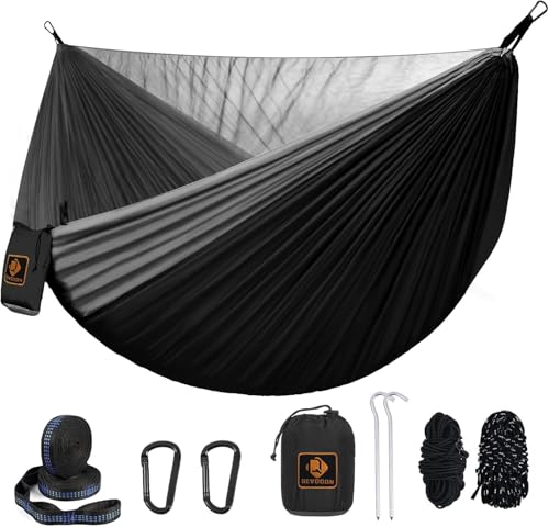Camping Hammock with Mosquito Net,Lightweight 210T Nylon Hammocks,Portable Hammock with 10ft Tree Straps,Camping Gear Must Haves for Travel Hiking Backpacking Beach Patio-Black&Grey - color: Black&grey, size: X-Large