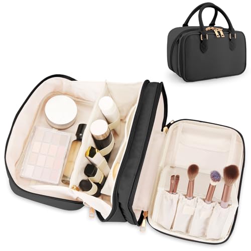Travel Makeup Bag for Women Fashion Large Capacity Pouch Open Flat Cosmetic Portable Organizer Waterproof Large Opening Storage Toiletry Bags Vertical Free-Standing Brush Holder for Easy Access Black - color: Black