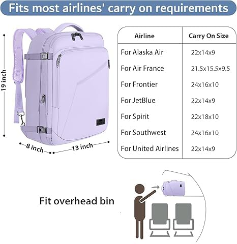 MATEIN Carry on Backpack for Women, 40L Heavy Duty Travel Backpack Airplane Approved, Expandable Simple Fashion Daypack, Frequent Traveler Gifts, Light Purple - color: Light Purple, size: X-Large
