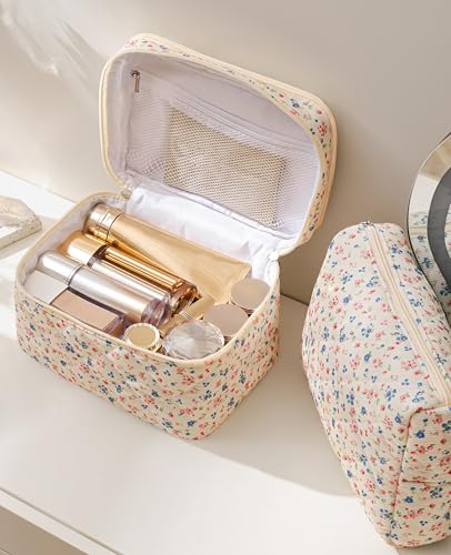 HBselect 2Pcs Travel Makeup Bag, Large Cotton Quilted Makeup Bag Cosmetic Bag Cute Make up Bag Toiletry Bags for Women Girls - color: 2PCS-FLOWER3