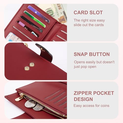 yiijay Womens Wallet RFID Blocking Leather Trifold Clutch Wallet Credit Card Holder Ladies Travel Wallet Purse with Pen Holder - color: 1Wine Red