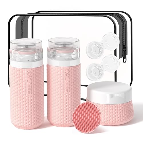 Travel Bottles for Toiletries 2oz 60ml 2 Pack + Cosmetic Jar 40ml 1.35oz Luxury Leather Pattern, Anti-slip Silicone Premium Refillable Bottle Set with Facial Brush for Gym Men Women, Pink - color: Pink-New, size: 2*60ml+1*40ml