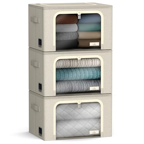 Sorbus Storage Bins with Metal Frame - Stackable & Foldable Clothes Organizer Bags - Oxford Fabric Storage Containers with Large Clear Window & Carry Handles Organization for Bedding Linen & Clothing - color: Beige, size: 3 Pack