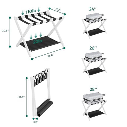 Smuxee White Bamboo Luggage Rack for Guest Room, Foldable Suitcase Stand with Storage Shelf, Easily Assembled Luggage Stand with 5 Nylon Straps for Guest Room Bedroom Hotel - color: White 1PCS