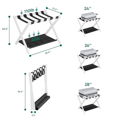 Smuxee White Bamboo Luggage Rack Pack of 2, Foldable Suitcase Stand with Storage Shelf, Easily Assembled Luggage Stand with 5 Nylon Straps for Guest Room Bedroom Hotel - color: White 2PCS