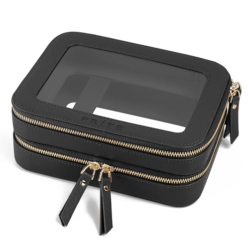 Prite Clear Makeup Bags Double Layer Cosmetic Bags with a Separate Brush Compartment Travel Makeup Bag for Women Travel Accessories Organizer for Purse(Black) - color: Black, size: Standard - Double Layer
