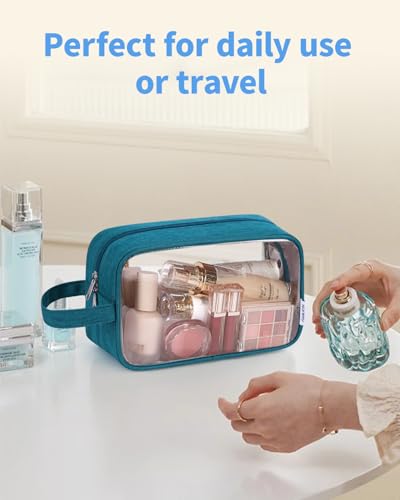 Narwey Clear Travel Toiletry Bags for Traveling Toiletries Men Women, Clear Makeup Bag Cosmetic Bag with Zipper, Make Up Pouch Organizer Bag with Handle, Skincare Beach Snack Medicine Bag, Teal - color: Clear-Teal