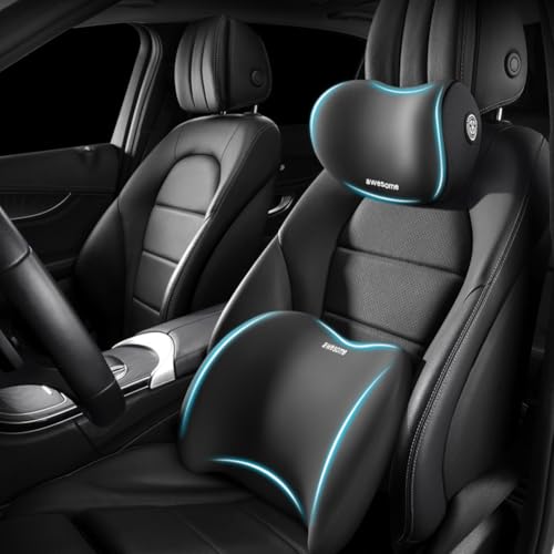 Car Headrest & Lumbar Support Cushion Kit, Ergonomic Car Seat Neck Pillow and Backseat Cushion for Driving Fatigue Relief, Driving Seat Memory Foam Neck Back Rest Pillows (Black) - color: Black