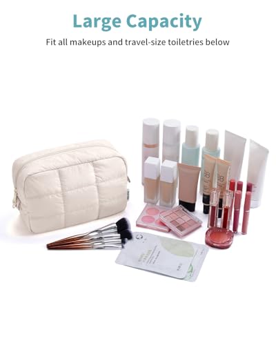 Narwey Puffer Travel Makeup Bag for Women Girl, Quilted Puffy Cosmetic Bag Make Up Bag Organizer, Cute Travel Toiletry Bag for Toiletries (Beige) - color: Beige