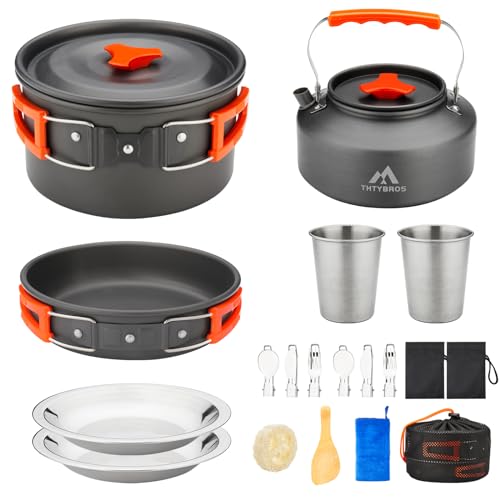 THTYBROS 17pcs Camping Cookware Kit, 0.45Gal Pot, 7inches Pan,0.30Gal Kettle Set with 2 Set Stainless Steel Cups Plates Forks Knives Spoons for Hiking - size: 17 PCS without Stove