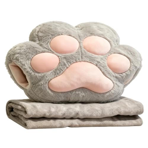 RYOLOY Cat Paw Warm Hand Pillow,with 66 * 35Inch Travel Blanket,2 in 1 Travel Pillow and Blanket Set,for Car Office Camping Essentials (Grey) - color: Grey