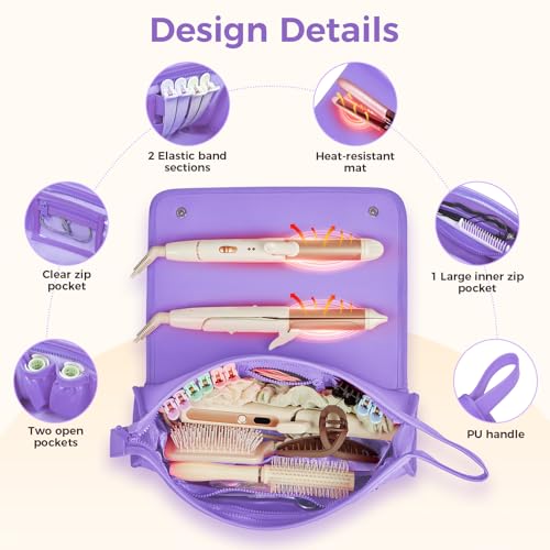 JKAOO Hair Tools Travel Bag and Heat Resistant Mat, 2 in 1 Portable Organizer Hair Travel Case for Curling Iron, Hair Straightener, Flat Irons, PU Hangable Handle, Neoprene (Purple) - color: Purple