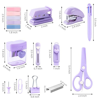 Purple Mini Office Supply Kit Mini School Supplies Desk Accessory Set Includes Mini Stapler Pencil Sharpener Staple Remover Hole Punch Ballpoint Pen Scissor Box Cutter Paper Clips Sticky Index Tabs - color: Purple