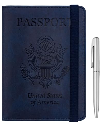 WALNEW Passport Holder for Travel, RFID Passport Cover Wallet for Women Men, PU Leather Passport Book Card Holder Case with Pen (Elastic Band Closure, A-Navy Blue) - color: A-Navy Blue, style: Elastic Band Closure