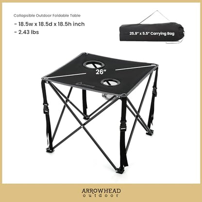 ARROWHEAD OUTDOOR 26” (66cm) Portable Camping Folding Table, 2 Cup Holders, Square, Carrying Case, Steel Frame, High-Grade 600D Canvas - color: Black