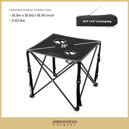 ARROWHEAD OUTDOOR 26” (66cm) Portable Camping Folding Table, 2 Cup Holders, Square, Carrying Case, Steel Frame, High-Grade 600D Canvas - color: Black 2pack