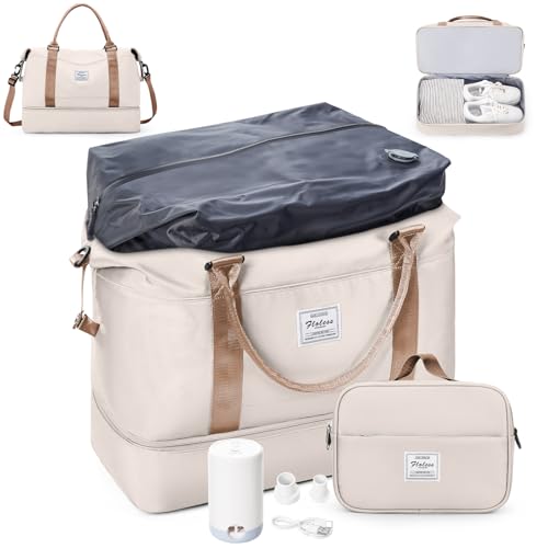 Overnight Weekender Bags for Women,Vacuum Travel Duffel Bag with Air Pump, Personal Item Travel Bag with Shoes Compartment & Compression Pocket,Beige & Brown - color: A-Beige & Brown with Air Pump, size: Large