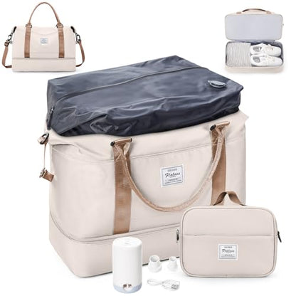 Overnight Weekender Bags for Women,Vacuum Travel Duffel Bag with Air Pump, Personal Item Travel Bag with Shoes Compartment & Compression Pocket,Beige & Brown - color: A-Beige & Brown with Air Pump, size: Large