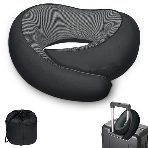 Airplane Travel Neck Pillow with Hood – Memory Foam Neck Support Pillow with Light Blocking Cover for Sleeping on Flights, Ergonomic Travel Pillow for Plane, Car & Office - color: Black, size: J10