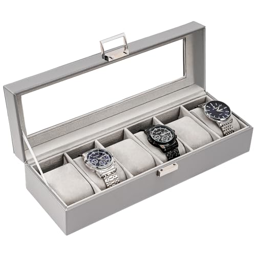 ProCase Watch Box, 6 Slot Mens Watch Case, Watch Storage Holder Organizer, Watch Display Case with Glass Lid, Anniversary Birthday Valentine Gifts for Men Women -6 Slot, Grey - color: Grey, size: 6-Slot