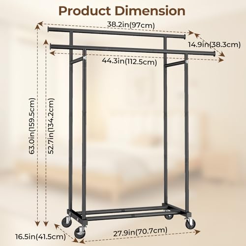 HYSEYY Double Rods Clothes Rack, Rolling Clothing Rack for Hanging Clothes Portable Wardrobe Rack, Metal Garment Rack Sturdy Coat Rack for Bedroom Laundry Living Room, Black - color: Black, style: Modern