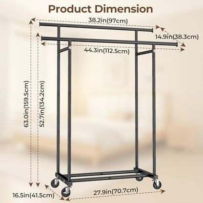 HYSEYY Double Rods Clothes Rack, Rolling Clothing Rack for Hanging Clothes Portable Wardrobe Rack, Metal Garment Rack Sturdy Coat Rack for Bedroom Laundry Living Room, Black - color: Black, style: Modern