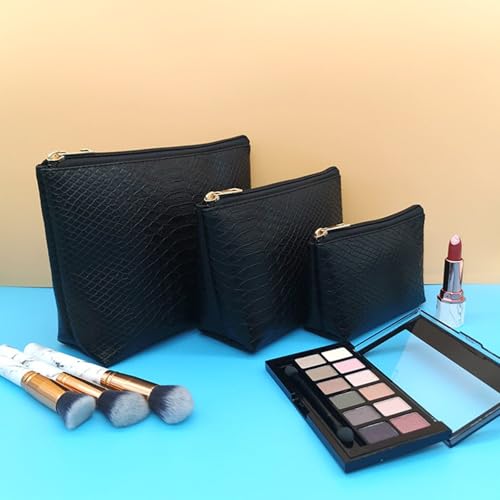 3 Pcs Makeup Bag Set for Women Black Soft Leather Travel Cosmetic Bag Make Up Pouch Small Travel Zipper Pouch,Water-resistant Makeup Organizer Bag for Women（Black） - color: Black