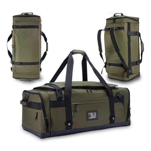 Large Duffle Bag for Travel - Men & Women, Foldable Gym Duffle Backpack, Heavy Duty Tactical Military Canvas Duffel Bags, Extra Big Carry On with Shoe Pockets, Waterproof (80L/103L) - color: Army Green, size: M(80L)
