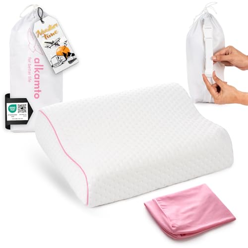 alkamto Travel & Camping Comfortable Memory Foam Pillow – Easy to Carry Portable Bag – Temperature Regulating Pillow Case (Pink Contour + Extra Cover) - size: Pink Contour Travel + Extra Cover