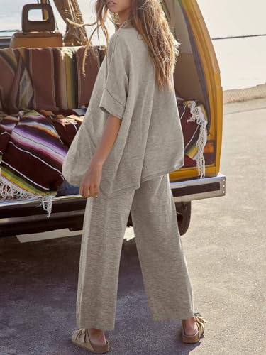 Tankaneo Women's 2 Piece Travel Outfits Casual Short Sleeve Knit Sweater Set Wide Leg Pants Lounge Sets Tracksuit - color: Khaki, size: Medium