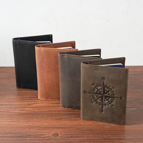 Polare Slim RFID Blocking Leather Passport Holder Travel Bifold Wallet For Men(Dark Brown Compass) - color: Dark Brown Compass
