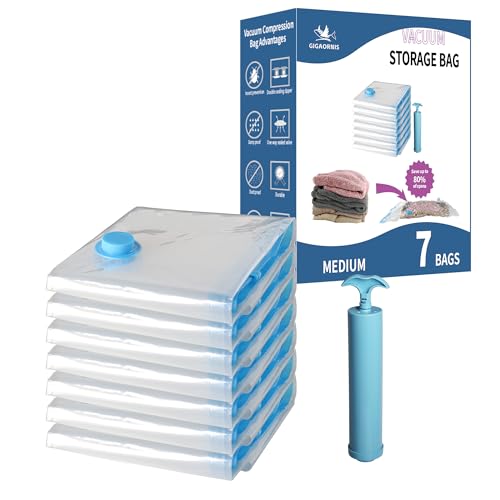 7 Pack Medium Space Saver Vacuum Storage Bags | Vacuum Sealed Compression Bags With Hand Pump, Space Saving For Travel, Clothing, Packing, Winter Coats, Sweaters and Shirts - size: 7-Medium