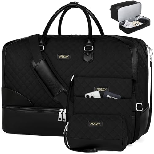 ITIEZY Weekender Overnight Bag for Women - Large Travel Duffel Bag with Shoe Compartment, Gym Duffel Bag Hospital Bag Carry On Tote Bags for Airplanes with Crossbody Bag Toiletry Bag 3Pcs Set - color: 9-black