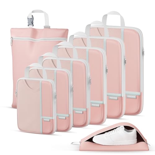 Percover Compression Packing Cubes for Travel, 8-Piece Structured Compression Organizer Set with Laundry Bag & Shoe Bag for Carry-On & Checked Luggage, Pink - color: Pink, size: 8 Set