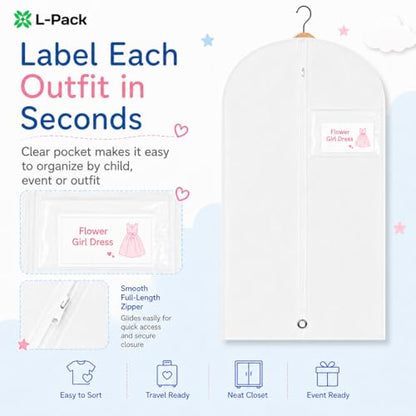 Kids Garment Bag for Hanging Clothes, Travel Garment Bag for Dresses, Dance Costumes & Suits, Breathable Clothes Cover for Baby Toddler Child, White, 30" x 18" - color: White