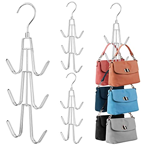 ZEDODIER 4 Pack Purse Organizer for Closet, Heavy-Duty Hanging Purse Hanger Closet Holds Up to 24 Purses, Metal Rotating Space Saving Bag Holder Handbag Storage Hook Backpack Rack, Silver - color: Silver, size: 4 Pack